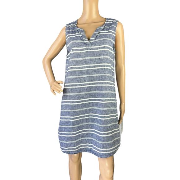 BeachLunchLounge Women's Blue Stripes Sleeveless V-Neck Shift Mini Dress Size M - Picture 1 of 5